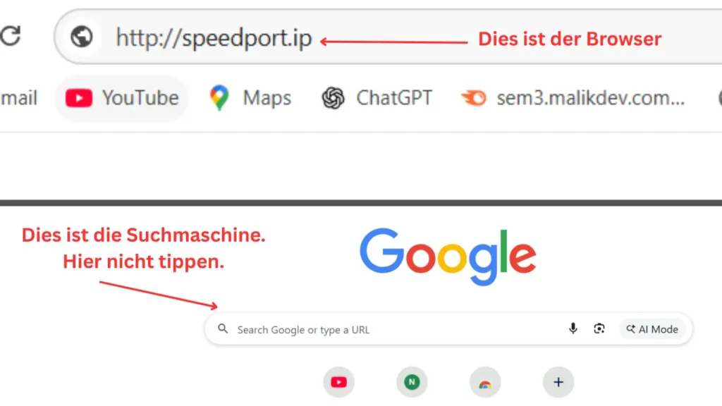 Geben Sie http://192.168.2.1 in Ihren Browser ein, anstatt die Suchmaschine zu verwenden.