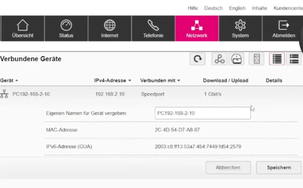 Verbundene Geräte im Speedport anzeigen
