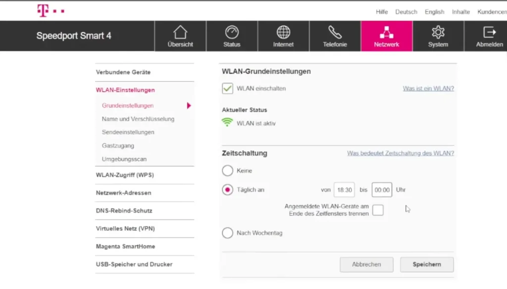 WLAN-Einstellungen des Speedport